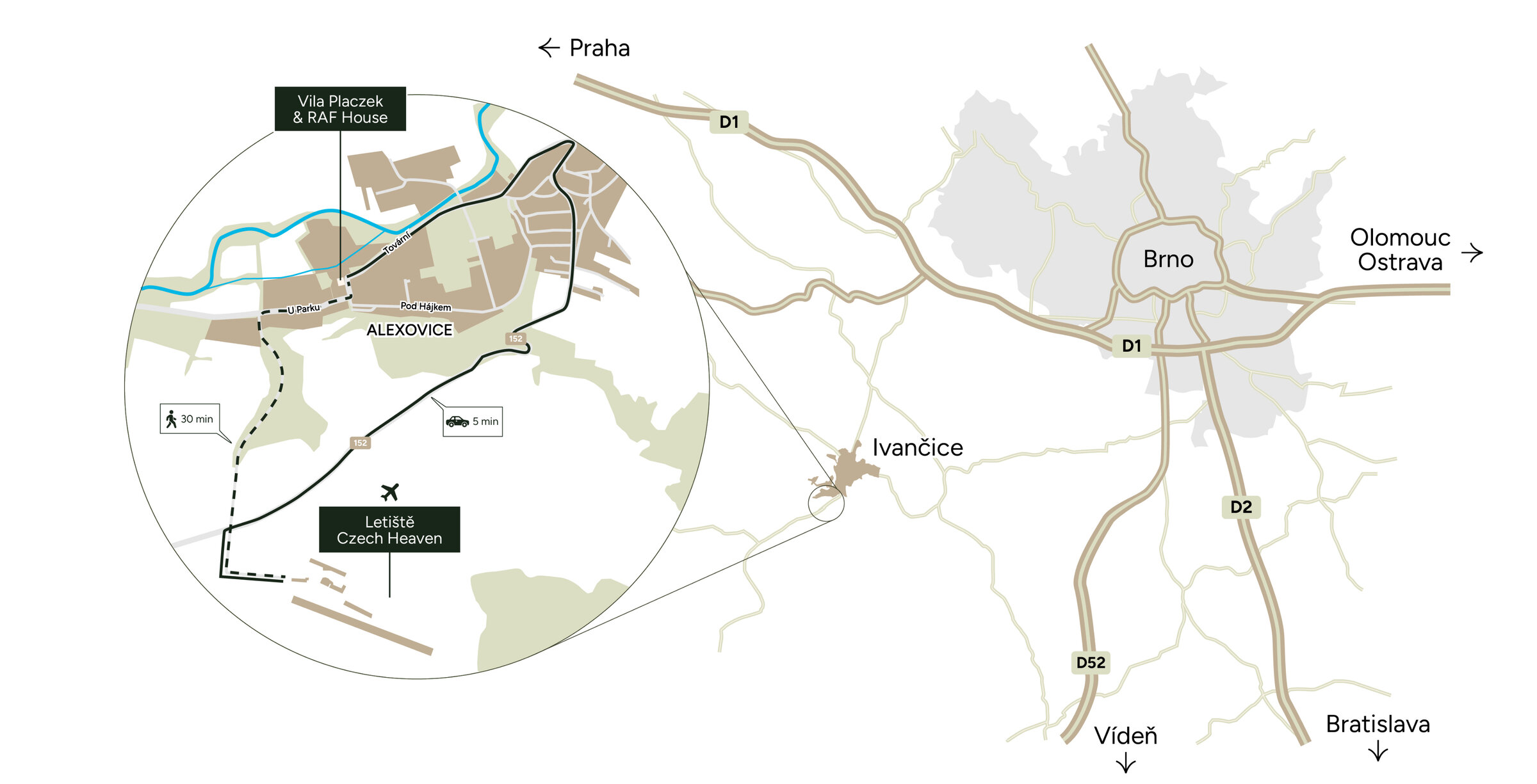 Mapa — Vila Placzek v Ivančicích, 30 minut od Brna